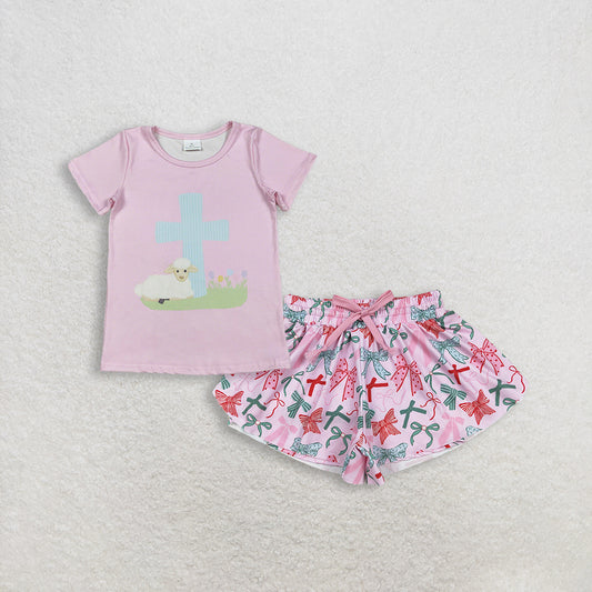 3.5 RTS NO MOQ （In stock）GT1394 + SS0578 Baby Girls Pink Short Sleeve Cross Sheep Easter T-shirts Top  Summer Shorts Bottoms