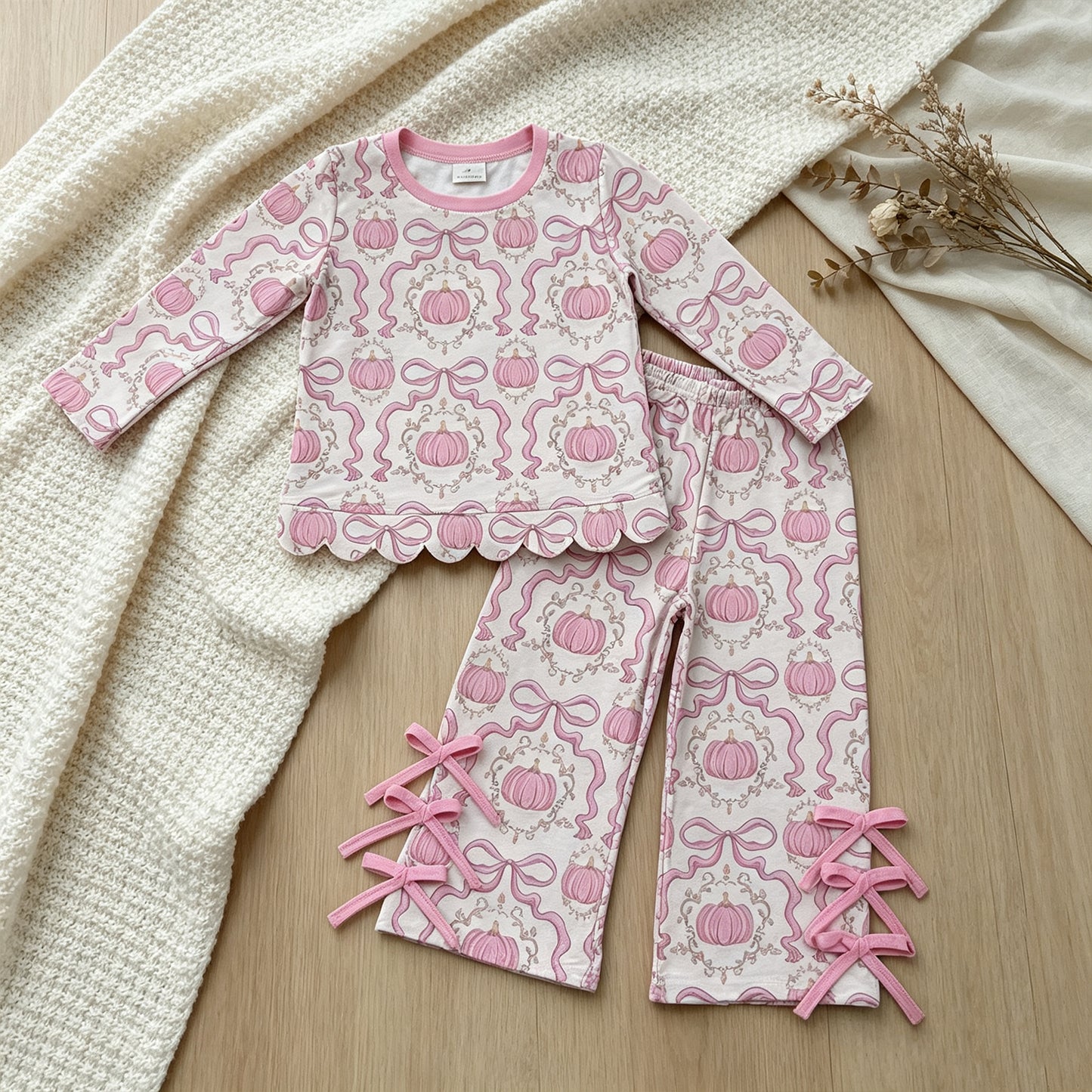 RTS NO MOQ milk silk GLP3437 Baby Girls Bows Pumpkins Checked Scallop Top Bows Pants Set