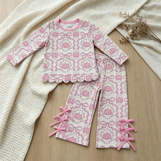 RTS NO MOQ milk silk GLP3437 Baby Girls Bows Pumpkins Checked Scallop Top Bows Pants Set