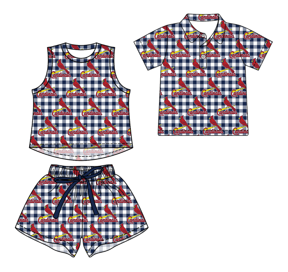 3.14 CUSTOM MOQ 5 Sibling Boys Baby Girls Summer Fashion Blue Check Sleeveless Top Shorts Button Polo Shirts Team Clothes Sets