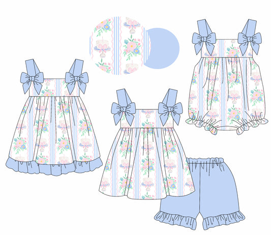 Baby Girls Blue Bows Strap Floral Stripe Tunic Ruffle Short Set