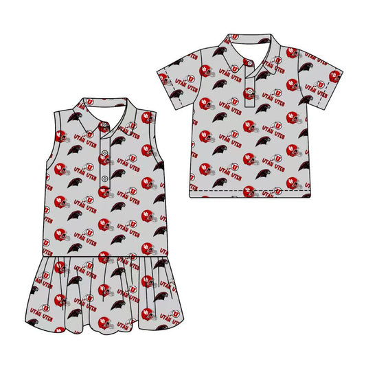 3.17 CUSTOM MOQ 5 Sibling Boys Baby Girls Summer Fashion Short Sleeve Gray Button Polo Shirts Sleeveless Dress Team Clothes Sets