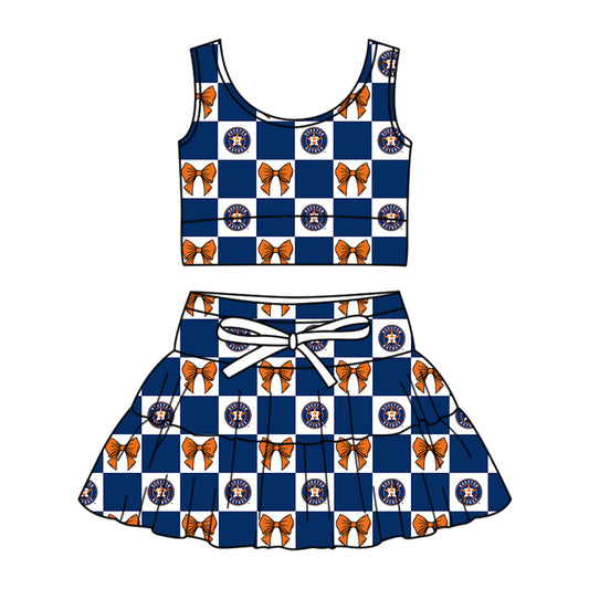 CUSTOM MOQ 5 Kids Clothing for Girls Baby Girls Blue Star Top Skirts Yoga Active Team Clothes Sets