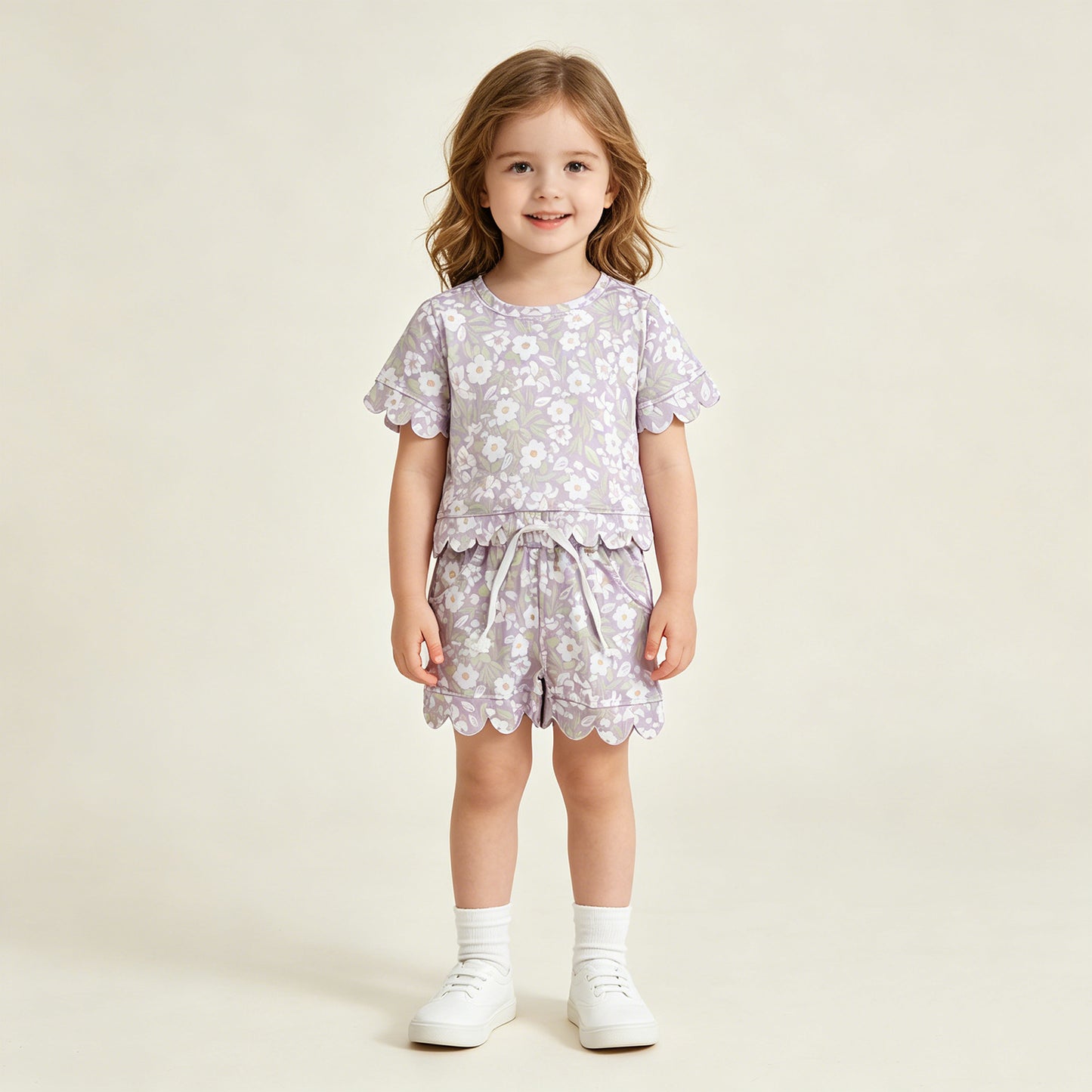 GSSO3265 RTS NO MOQ （In stock ）Lavender white floral scallop girls summer clothes
