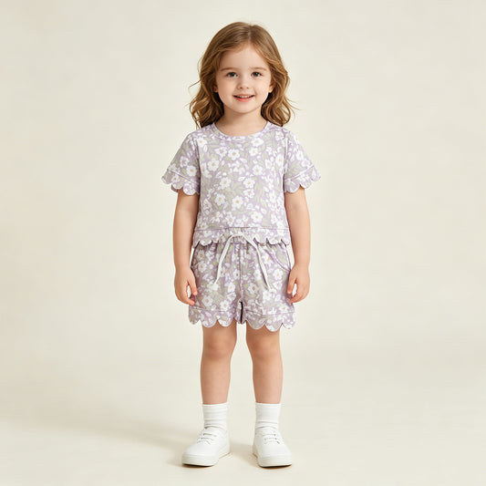 GSSO3265 RTS NO MOQ （In stock ）Lavender white floral scallop girls summer clothes