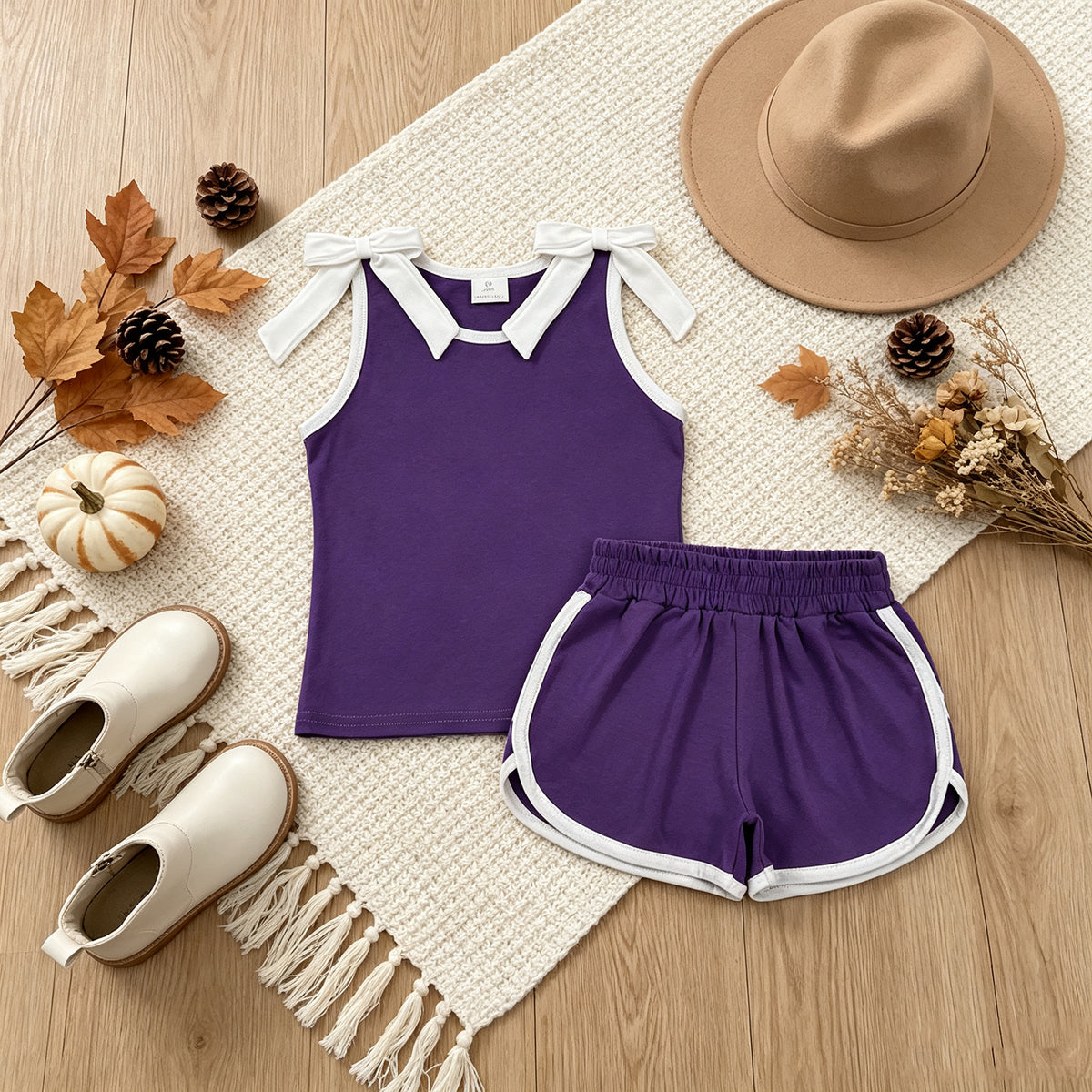 RTS NO MOQ （In stock）GSSO3858 milk silk Baby Girls Purple White Bows Sleeveless Vest Top Short Clothes Sets