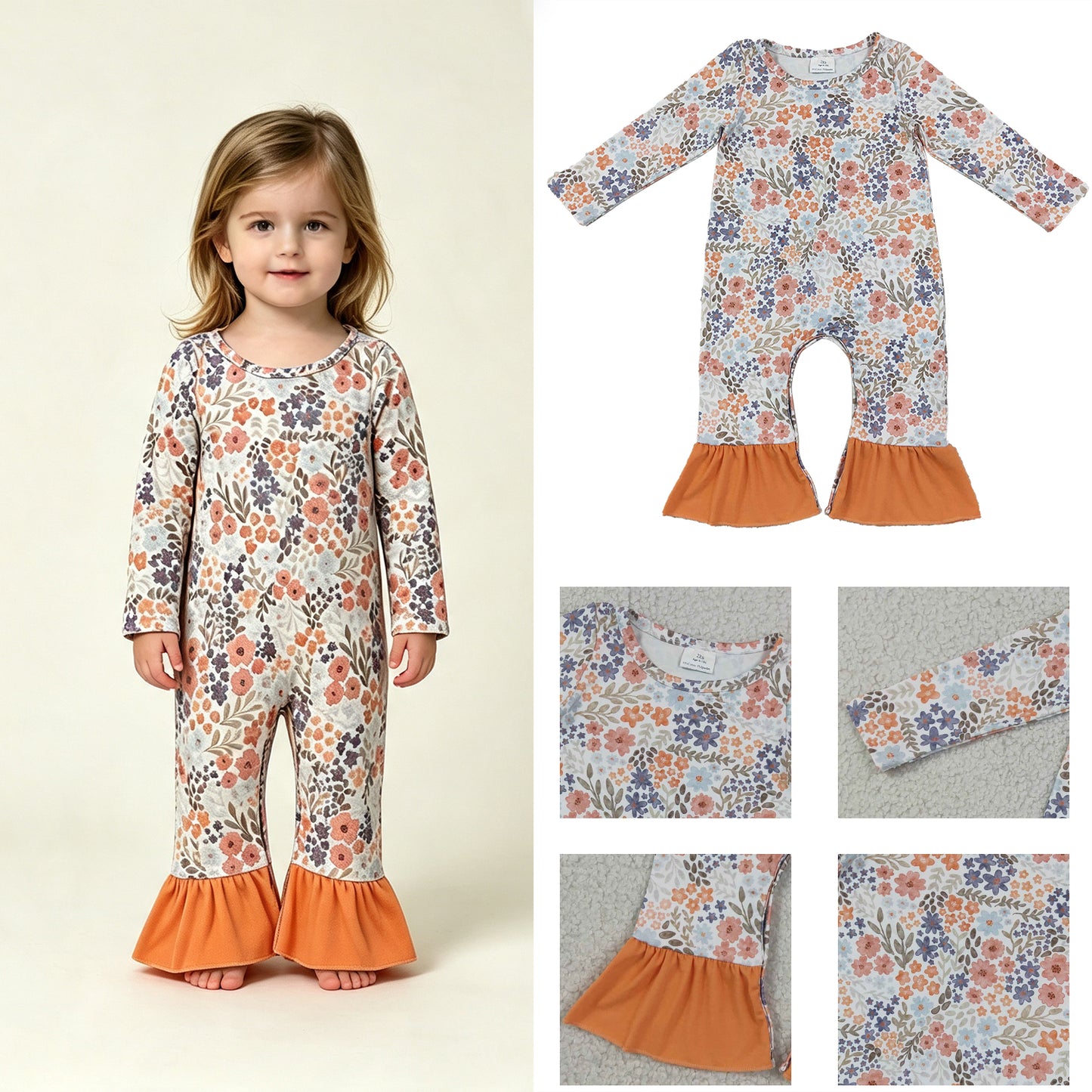 LR3027 RTS NO MOQ （In stock）milk silk Baby Girls Long Sleeve Colorful Flowers Fall Ruffle Pant Rompers