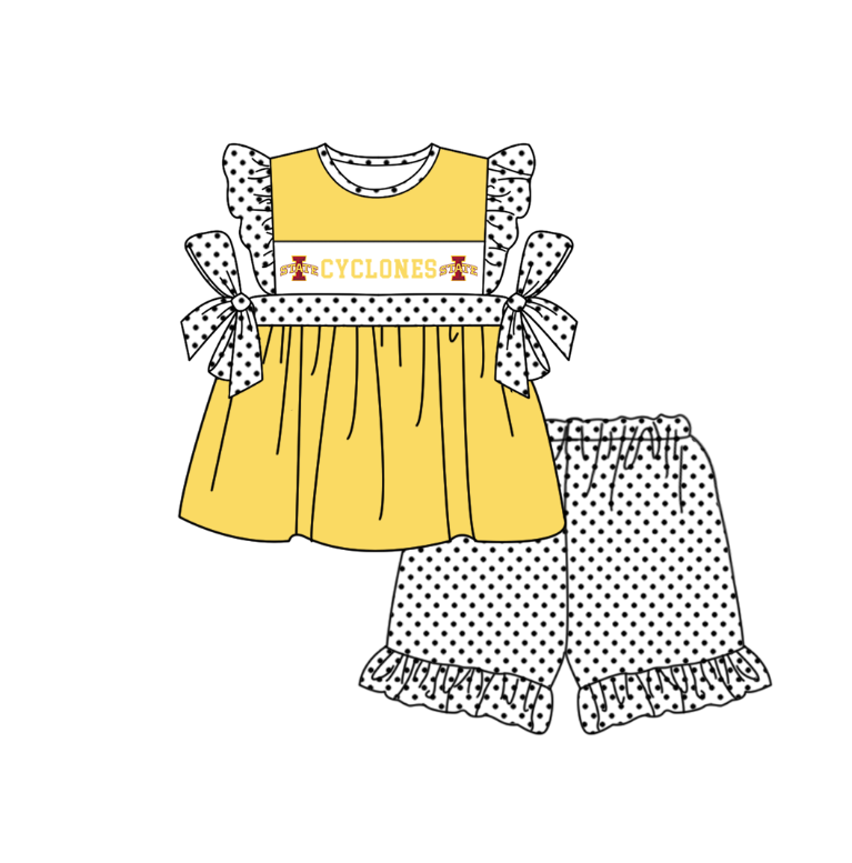 CUSTOM MOQ 5 Sibling Baby Kids Yellow Polka Dots Top Shorts Clothes Set Knee Length Dress Rompers