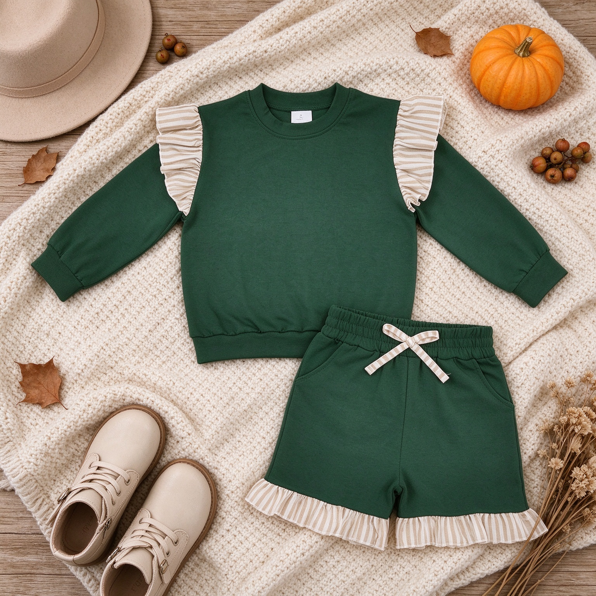 RTS NO MOQ （In stock）cotton GLS0218（GT1845+SS0998）Baby Girls Green Stripe Flutter Sleeve Top Pockets Ruffle Short Clothes Set