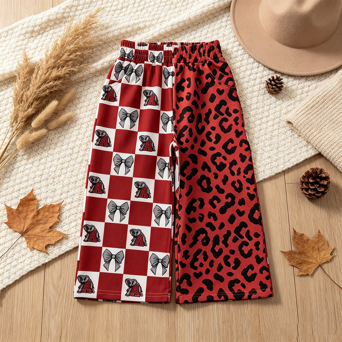 RTS NO MOQ （In stock）milk silk P1123  Baby Girls Bows Leopard Team Pockets Flare Pants Bottom