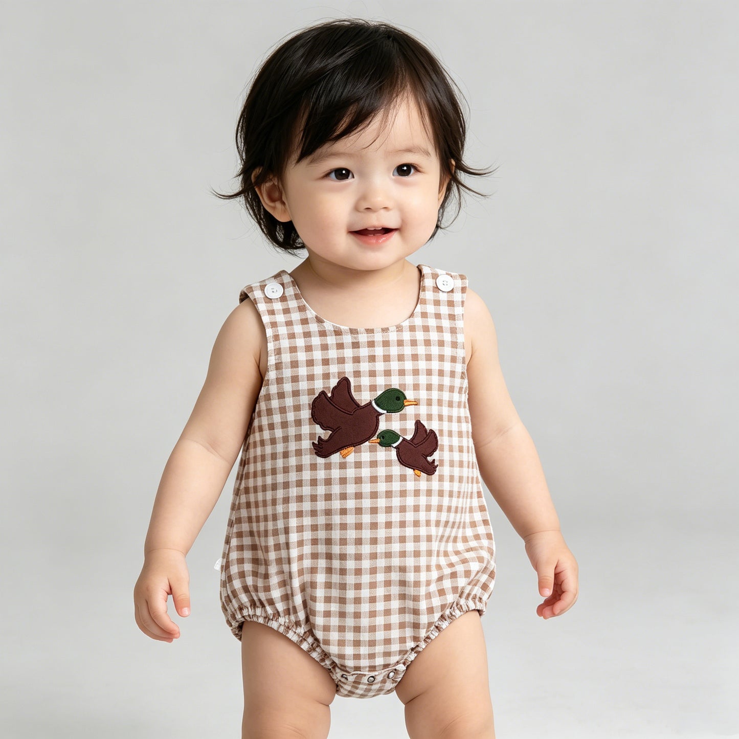 4.14 SR3958 RTS NO MOQ （In stock）Sleeveless plaid duck embroidery baby boy romper