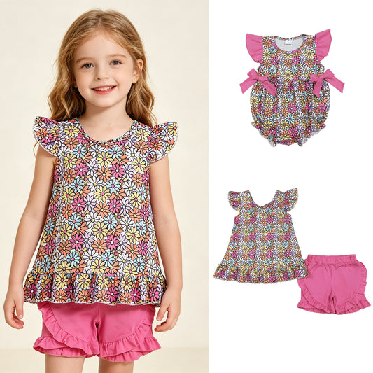 RTS Sibling Floral flutter sleeves top ruffle shorts girls outfits and romper