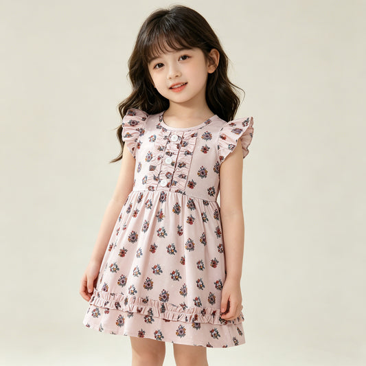 4.11 GSD4092 RTS NO MOQ （In stock ）Baby Girls Flutter Sleeve Flowers Button Ruffle Knee Length Dresses