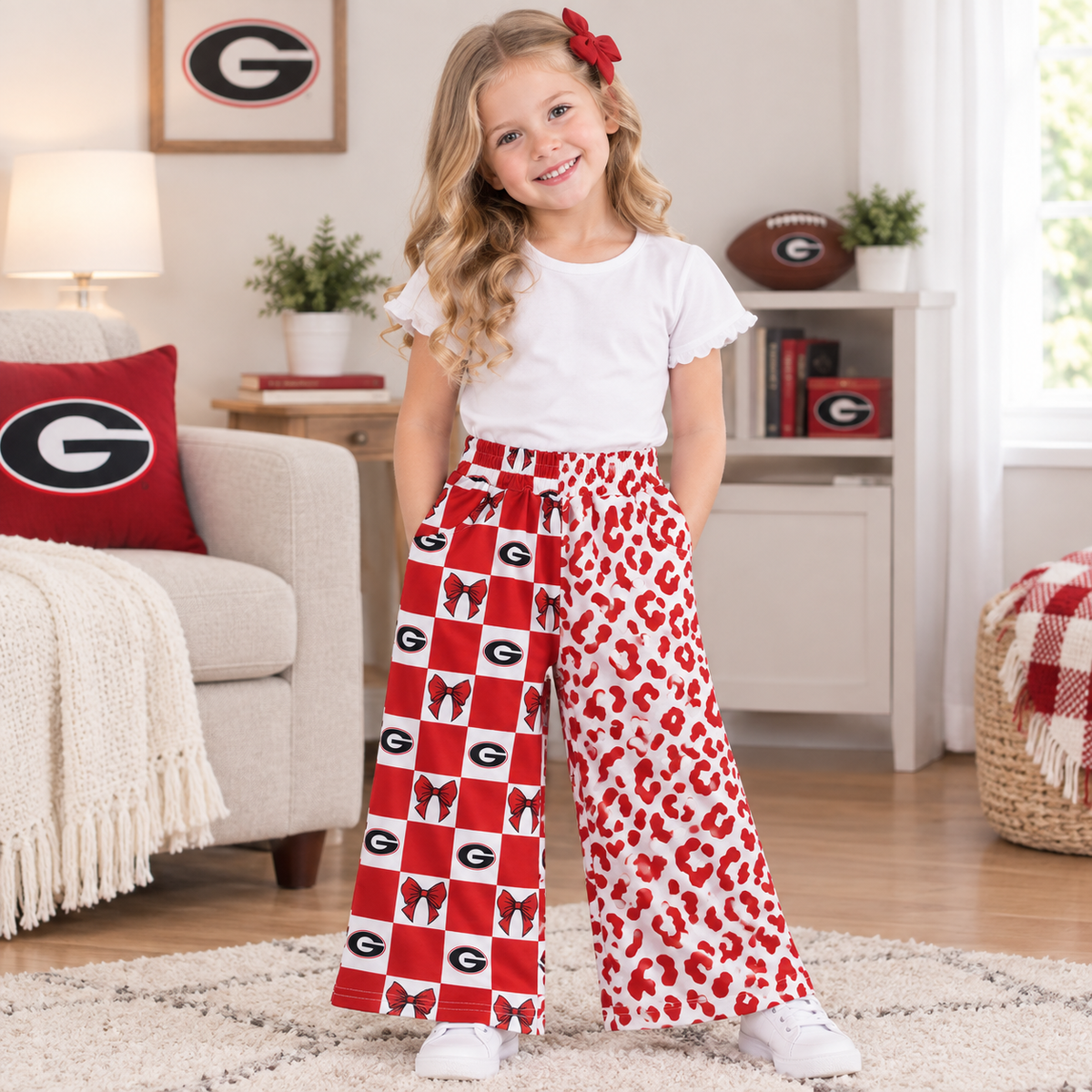 RTS NO MOQ （In stock）milk silk P1126 Baby Girls Bows Leopard Team Pockets Flare Pants Bottom