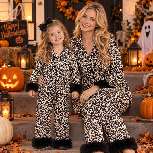 RTS NO MOQ milk silk Sibling Adult To Match Baby Girls Leopard Bats Button Top Pant Fur Sleeves Halloween Pajamas Set