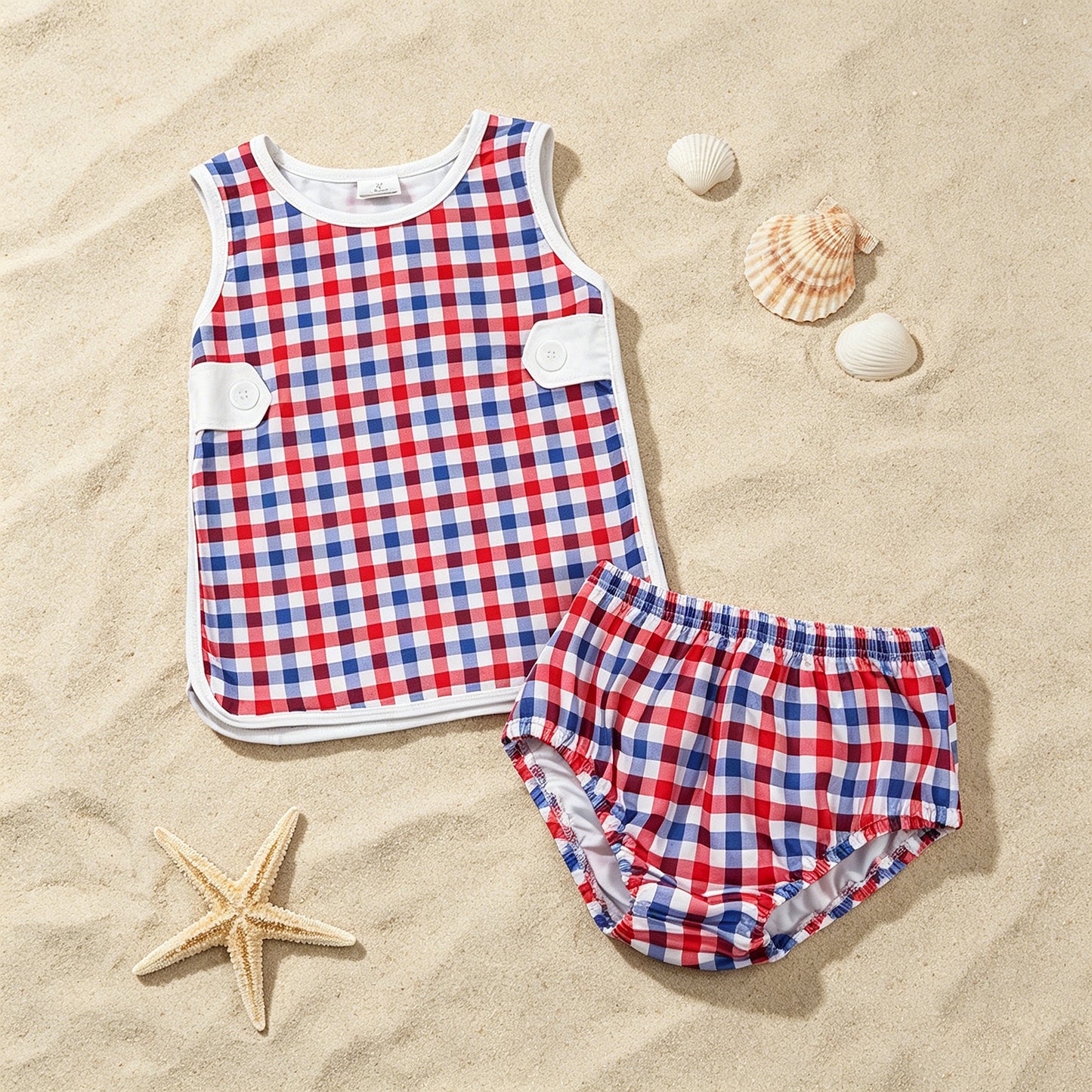 GBO0530 RTS NO MOQ （In stock）Red blue plaid top bummies baby boys 4th of july set
