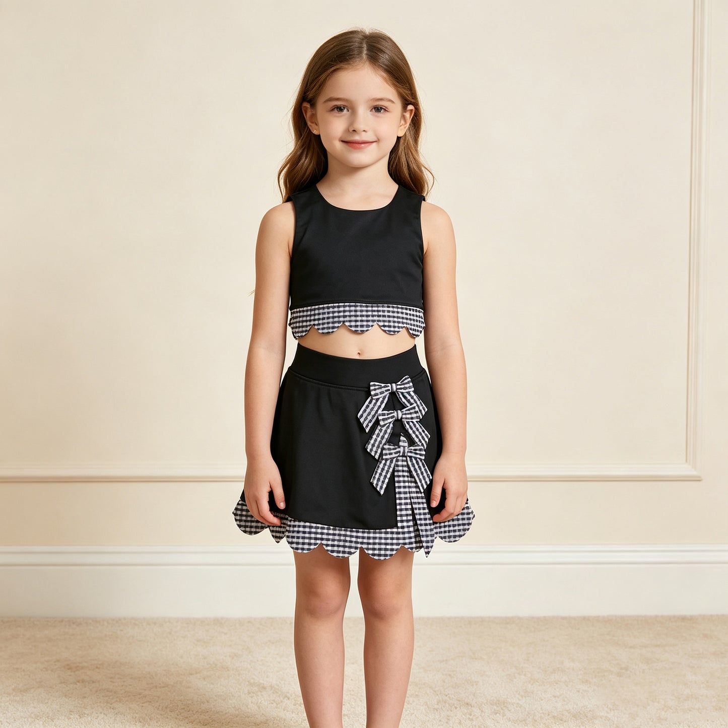 RTS NO MOQ （In stock）yoga fabric GSD4176 Baby Girls Sleeveless Vest Top Skirt Shorts Yoga Active Scallop Clothes Sets