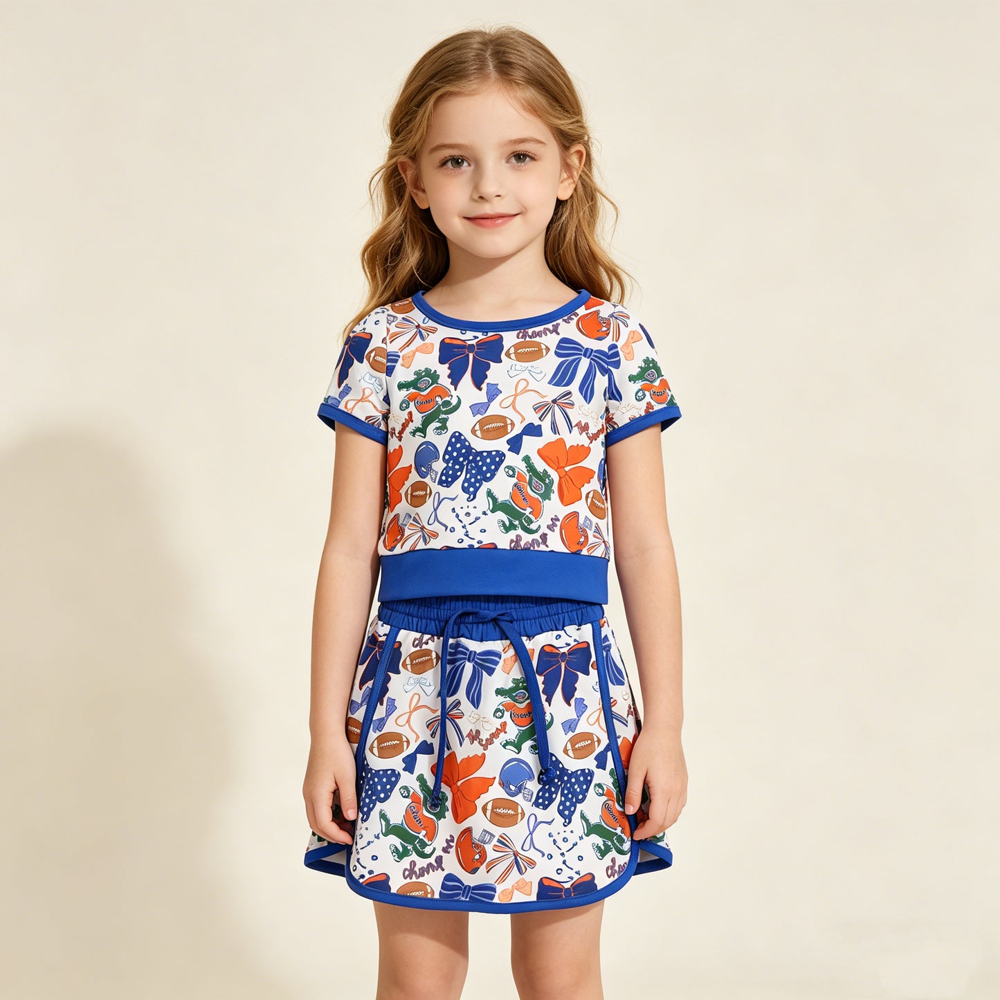GSD3698 RTS NO MOQ （In stock ）Blue bow top skirt girls team active wear set