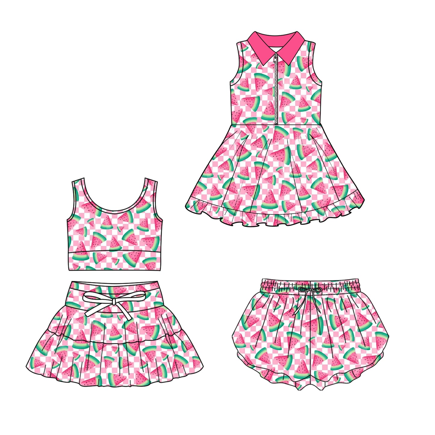 CUSTOM MOQ 5 Sibling Baby Girls Pink Watermelon Sleeveless Skirt Yoga Active Knee Length Dresses Shorts Clothes Sets
