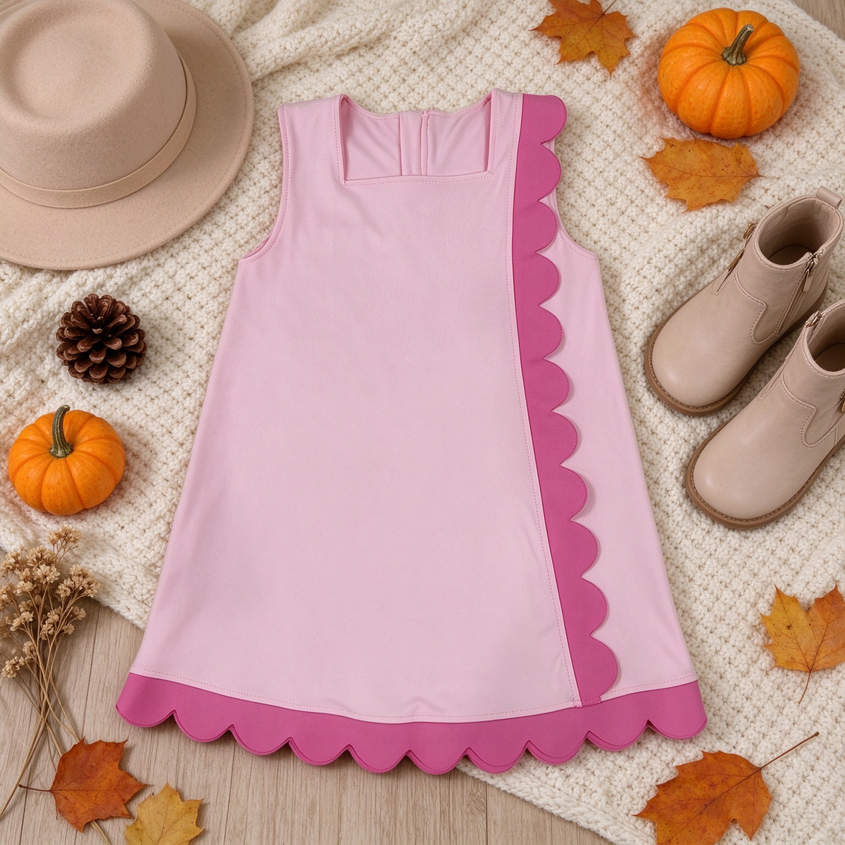 RTS NO MOQ （In stock）yoga fabric cotton GSD4240 Yoga Baby Girls Pink Sleeveless Yoga Active Scallop Knee Length Dresses