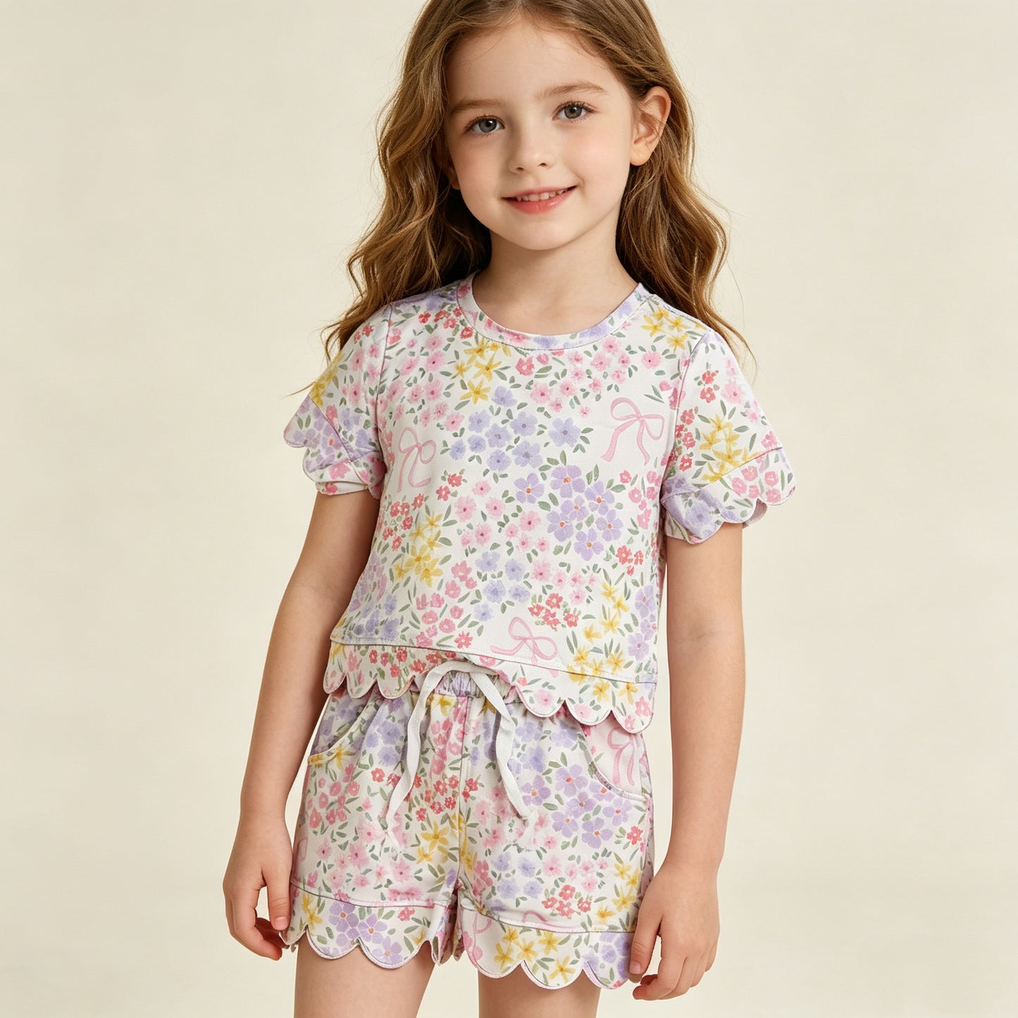 GSSO3270 RTS NO MOQ （In stock ）Short sleeves pink bow floral scallop kids girls summer outfits