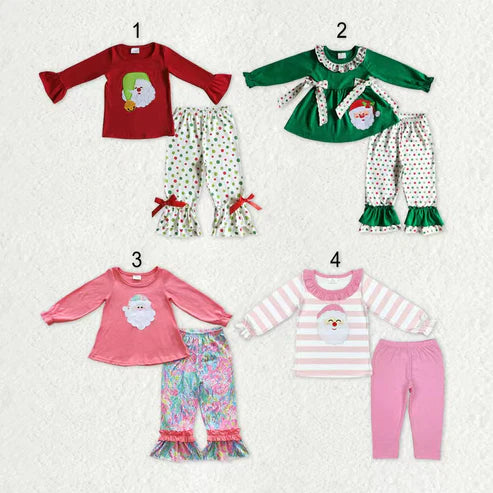 9.22 RTS Embroidery Santa Sibling Baby Girls Tunic Top Pants Christmas Pajamas Clothes Sets