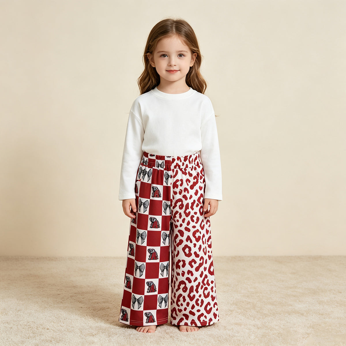 RTS NO MOQ （In stock）milk silk P1123  Baby Girls Bows Leopard Team Pockets Flare Pants Bottom