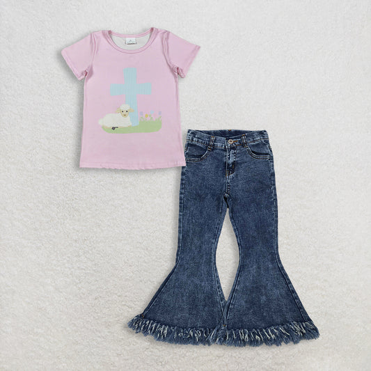 3.6 RTS NO MOQ （In stock）GT1394 + P0132 Baby Girls Pink Short Sleeve Cross Sheep Easter T-shirts Top Denim Pants Jeans Clothes Sets