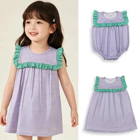 4.13 RTS Sibling Sleeveless ruffle stripe baby girls summer dresses and romper