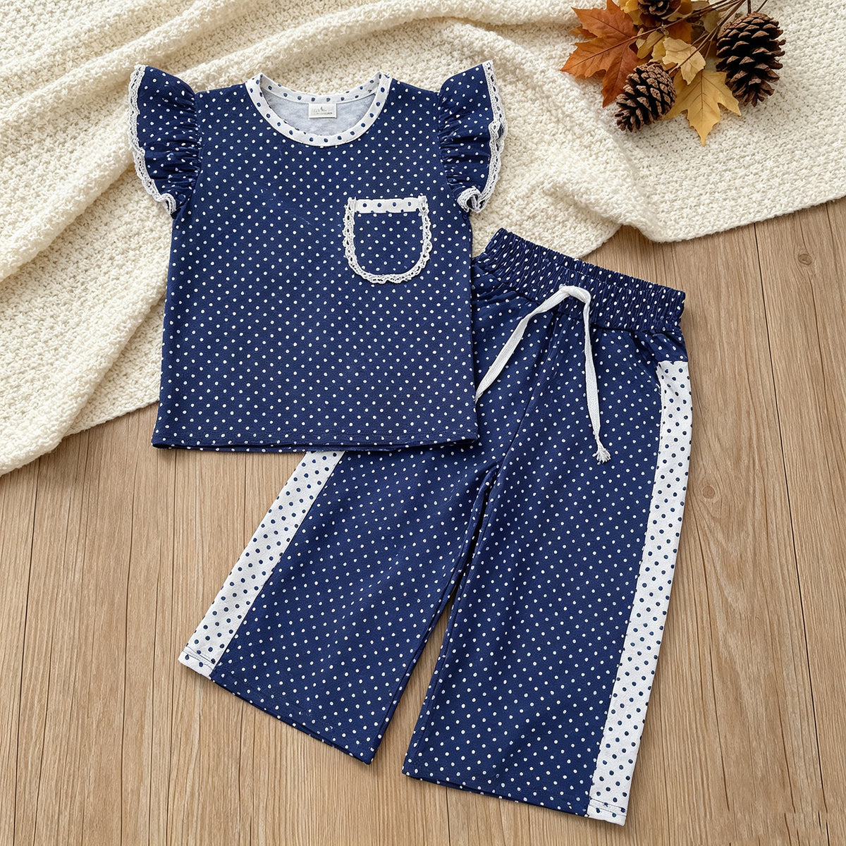 RTS NO MOQ （In stock）milk silk GSPO2372 Baby Girls Blue Polka Dots Pocket Top Flare Pant Clothes Set