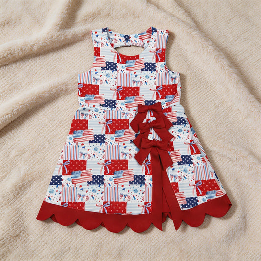 GSD3945 RTS NO MOQ （In stock）Sleeveless flag bow scallop girls 4th of july athletic dress
