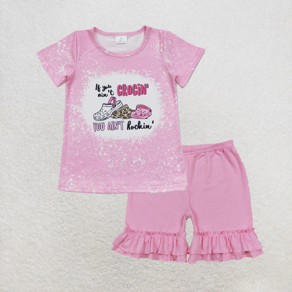 5.26 RTS NO MOQ （In stock）GT0443+SS0181 Short sleeves pink bleached sandals girls summer shirt with Pink ruffle cotton baby girls summer shorts
