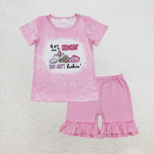 5.26 RTS NO MOQ （In stock）GT0443+SS0181 Short sleeves pink bleached sandals girls summer shirt with Pink ruffle cotton baby girls summer shorts