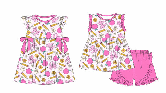 Pink apple pencil bow floral girls back to school outfits