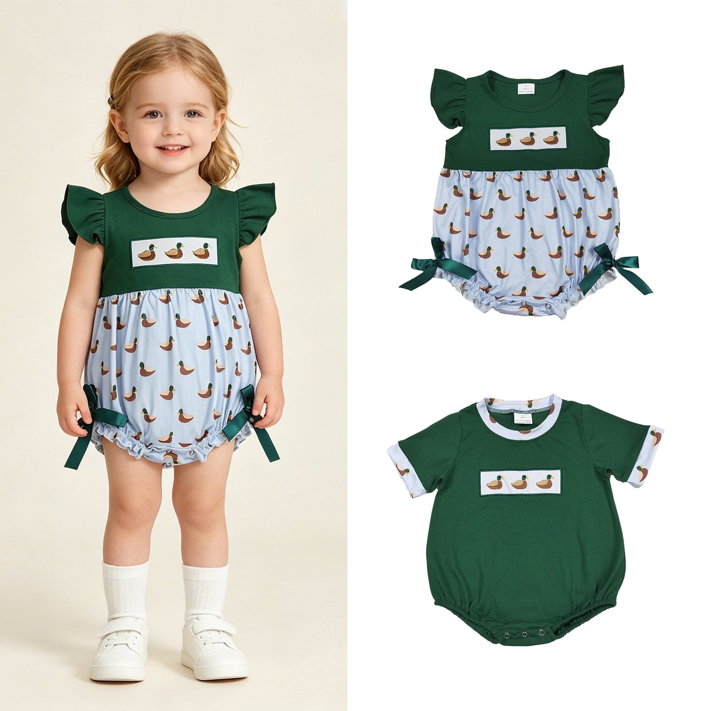 RTS Sibling Short sleeves duck embroidery green baby kids summer romper