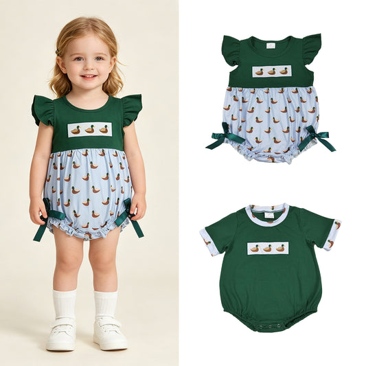 RTS Sibling Short sleeves duck embroidery green baby kids summer romper