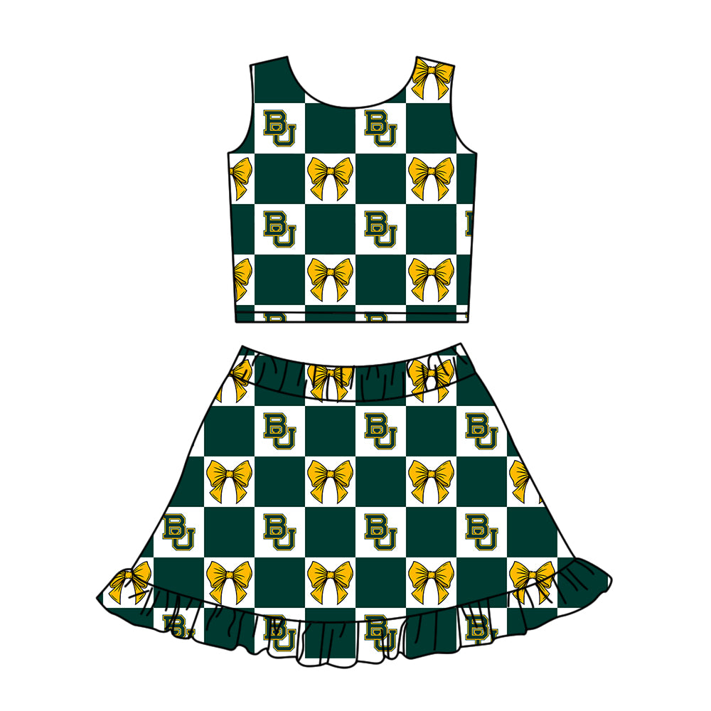 CUSTOM MOQ 5 Sibing Kids Clothing for Girls Baby Girls Green Bow Top Skirts Yoga Active Team Clothes Sets Knee Length Dress Shorts