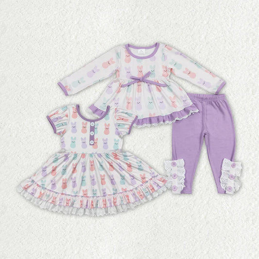 RTS Sibling Baby Girls Winter Outfits Easter Bunny Tunic Lavender Legging Clothes Sets