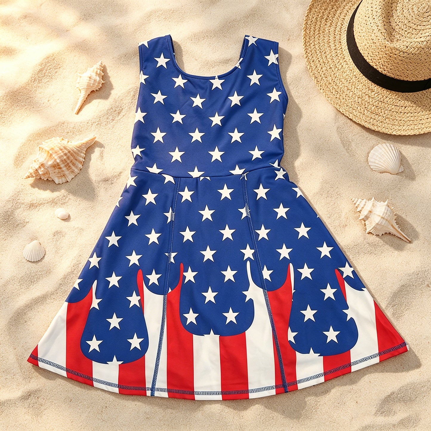 GSD3813 RTS NO MOQ （In stock ）Stars stripe ice cream sprinkle girls 4th of july athletic dress
