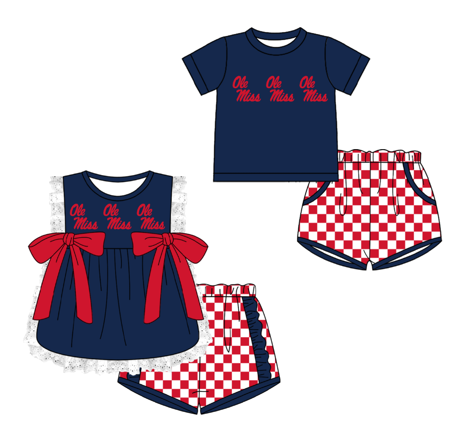 CUSTOM MOQ 5 Cute Comfortable Clothing For Kids Sibling Boys Baby Girls Summer Dark Blue Top Checked Shorts Team Clothes Sets