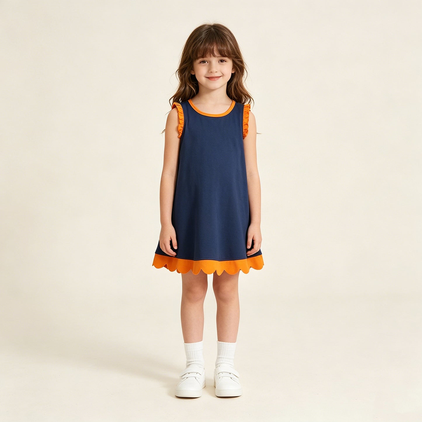 GSD4062 RTS NO MOQ （In stock）Orange scallop ruffle sleeveless navy girls cotton team dress