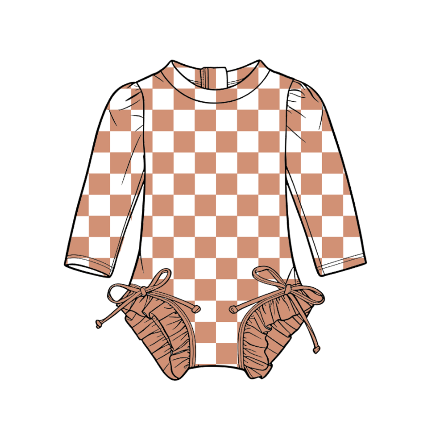 3.6 CUSTOM MOQ 5 Baby Girl Khaki Plaid Team Long Sleeve One Pieces Swimsuits