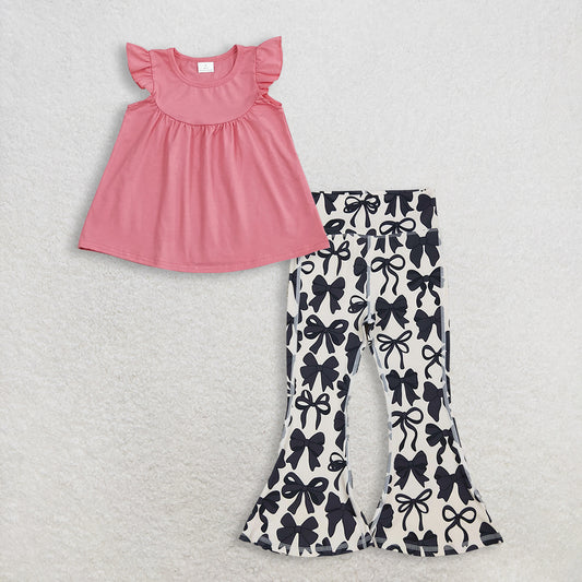 3.13 RTS NO MOQ （In stock）GT0462 + P0775 Baby Girls Dark Pink Flutter Sleeve Tunic Tops Black Bows Bell Bottom Yoga Pants