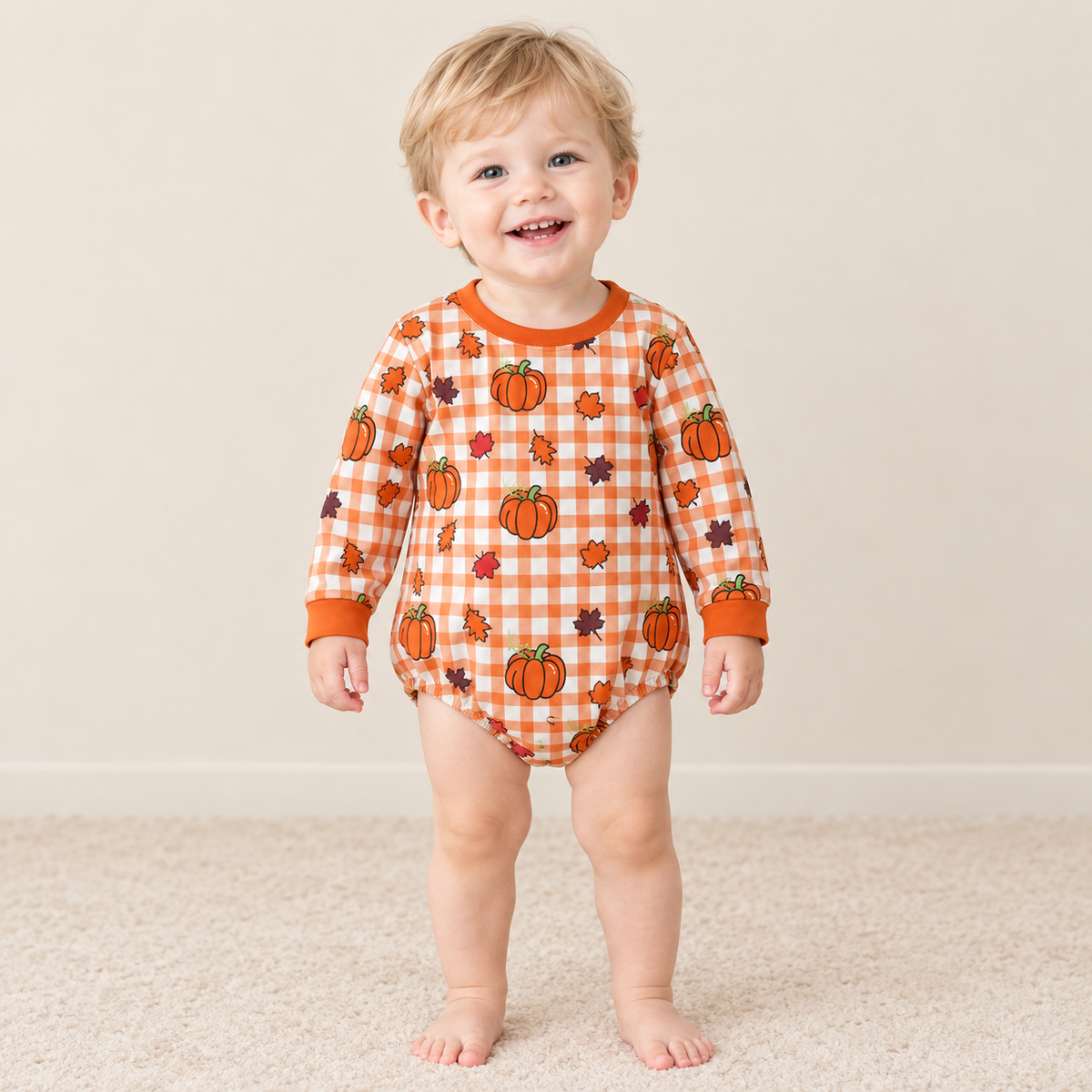 RTS NO MOQ （In stock） milk silk LR3236 Baby Boys Pumpkins Checked Long Sleeve Cute Fall Romper