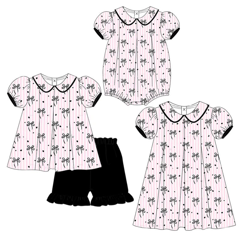 Girls Black Stripe Bow Tunic Ruffle Shorts Outfit Set Casual Comfortable Clothing for Kids