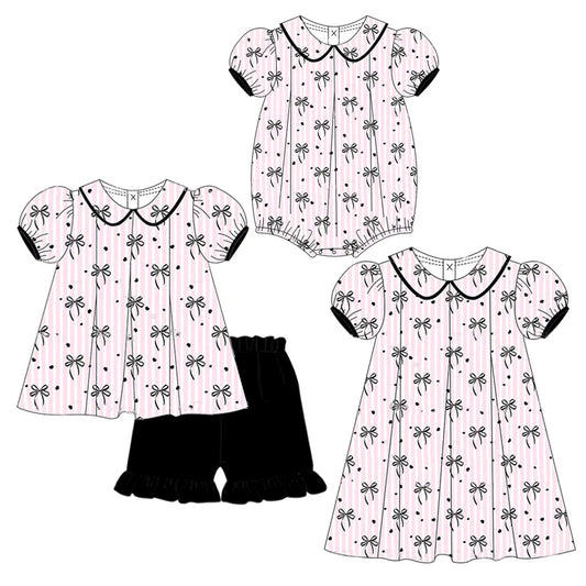 Girls Black Stripe Bow Tunic Ruffle Shorts Outfit Set Casual Comfortable Clothing for Kids