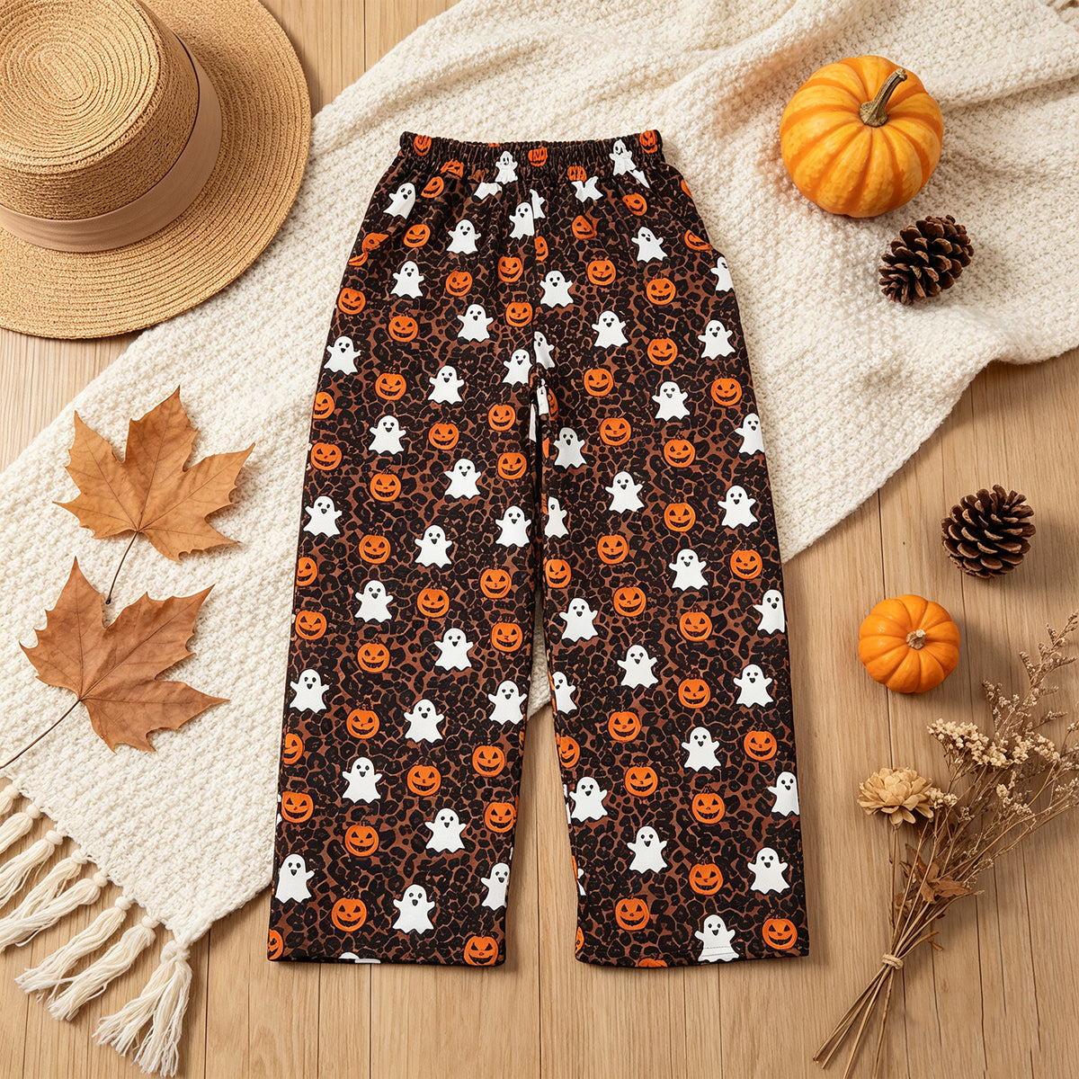 RTS NO MOQ （In stock）P1135 Baby Girls Ghosts Pumpkins Leopard Halloween Pockets Flare Pants Bottom