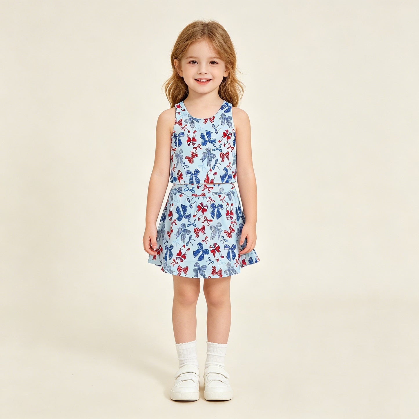 GSD3874RTS NO MOQ （In stock ） Baby Girls Red Blue Bows Vests Skirt Short Yoga Active 4th of July Clothes