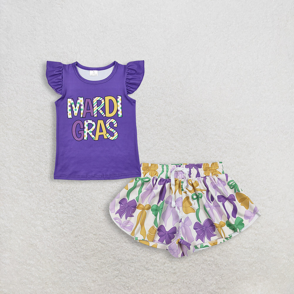 3.4 RTS NO MOQ （In stock）GT0814 + SS0684 Baby Girls Mardi Gras Purple Tee Shirts Tops Bows Plaid Yoga Active Shorts Bottoms