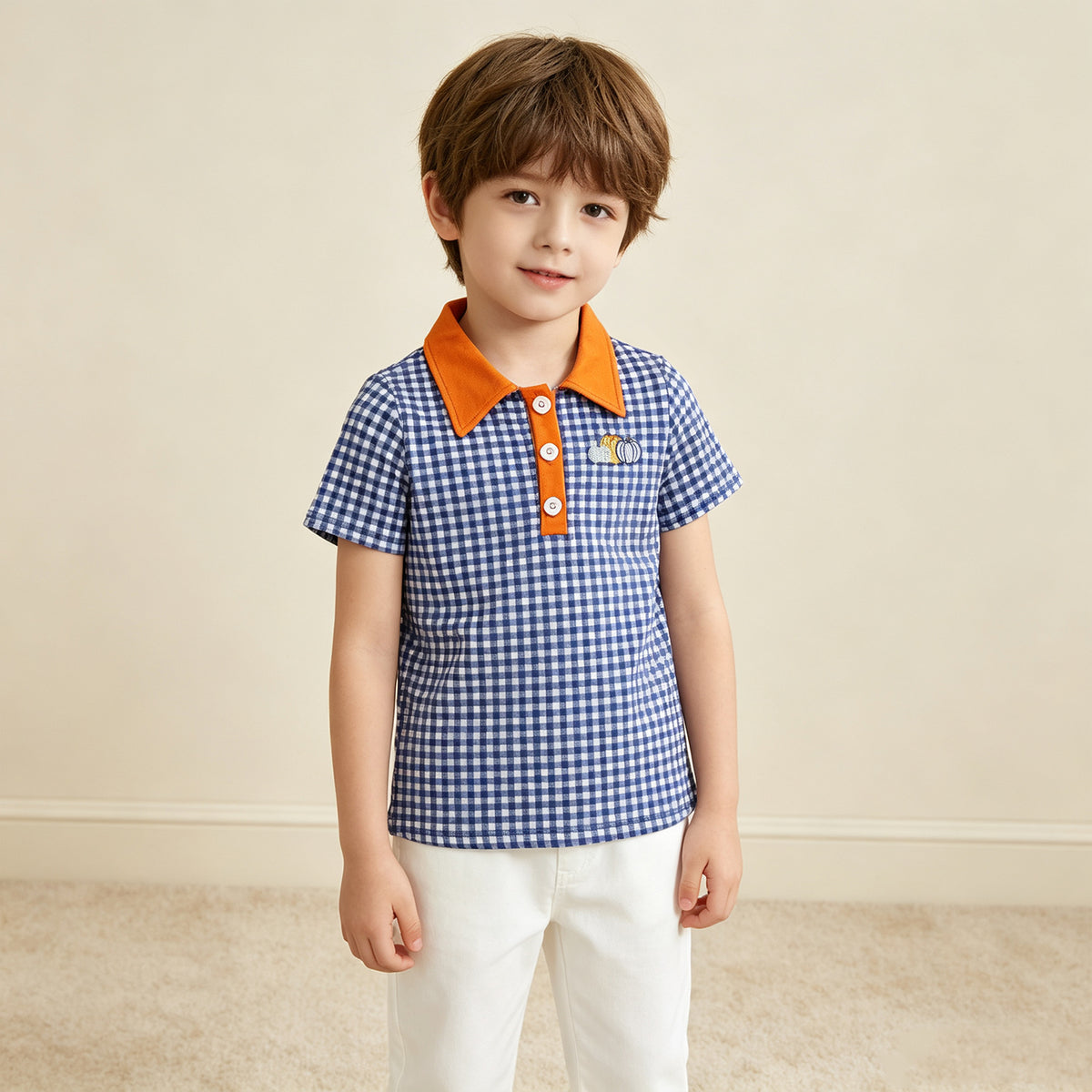 RTS NO MOQ （In stock）milk silk BT1892 Embroidery Pumpkins Baby Boys Hot Blue Checked Fall Button Polo Shirts Top